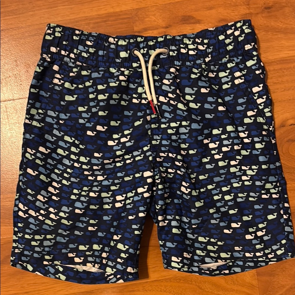 Vineyard Vines Blue and White Swim Trunks with Nautical Fish Pattern